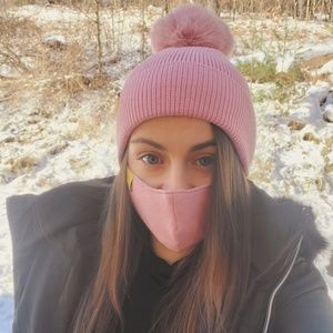 Women's Pink Knit Hat With Pom Pom & Matching Mask